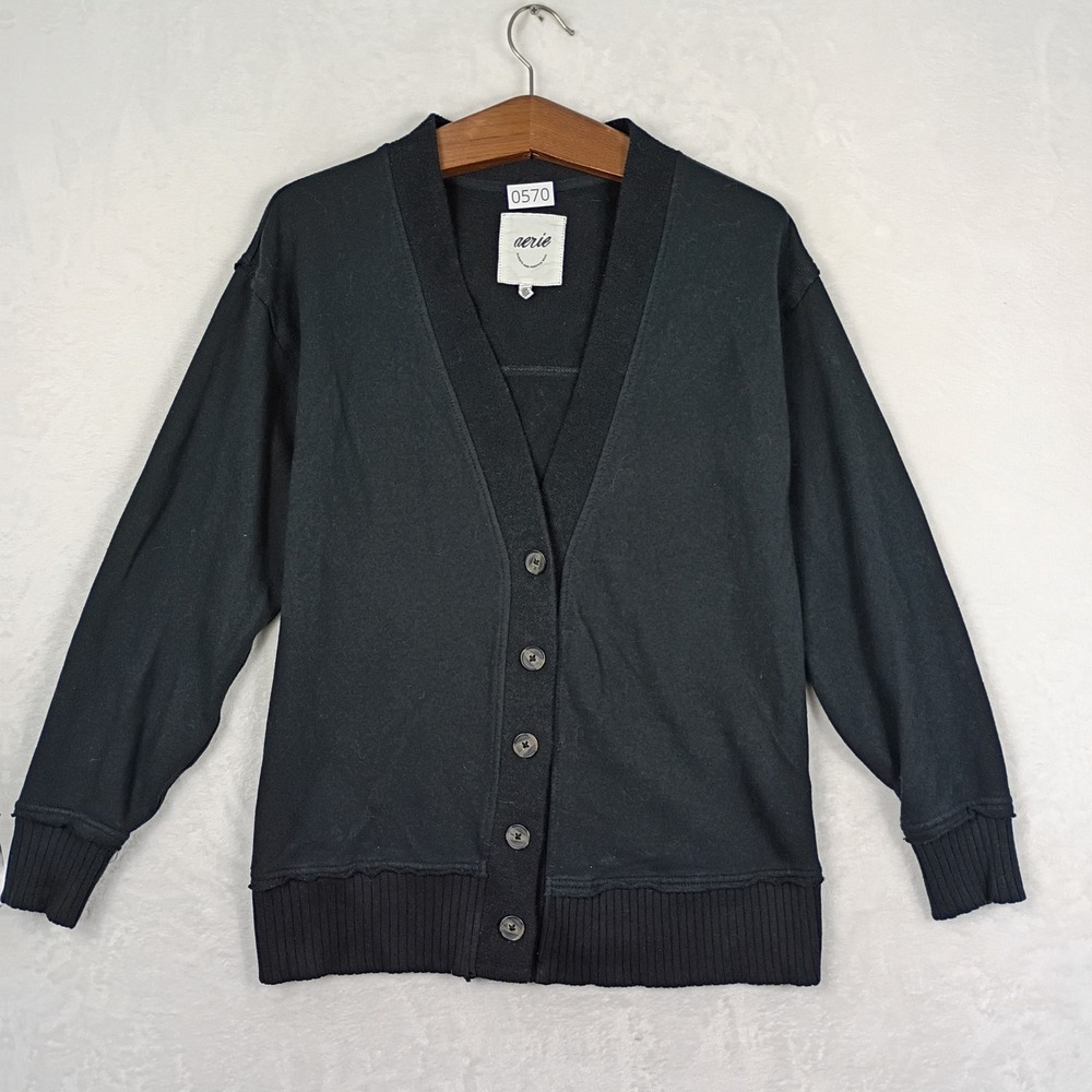 Aerie Cardigan Women XS Black Button Front Ribbed Trim V-Neck Boho Y2K Gorpcore